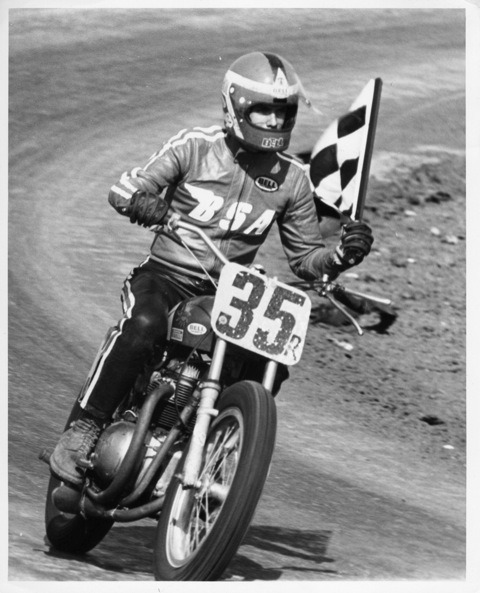 Don Emde takes a victory lap after winning the Amateur final at the Fred Nix Memorial AMA Dirt Track National at Oklahoma City in 1970.