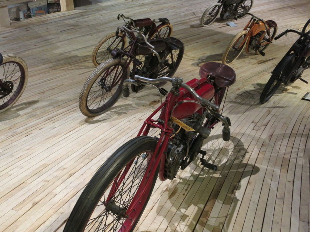 Indian racers for Board Track and Dirt Track racing range from a pair of very early "Torpedo" tank bikes up to a pair of Daytona racers from 1919 and 1920. Harleys and Merkels in hot pursuit.